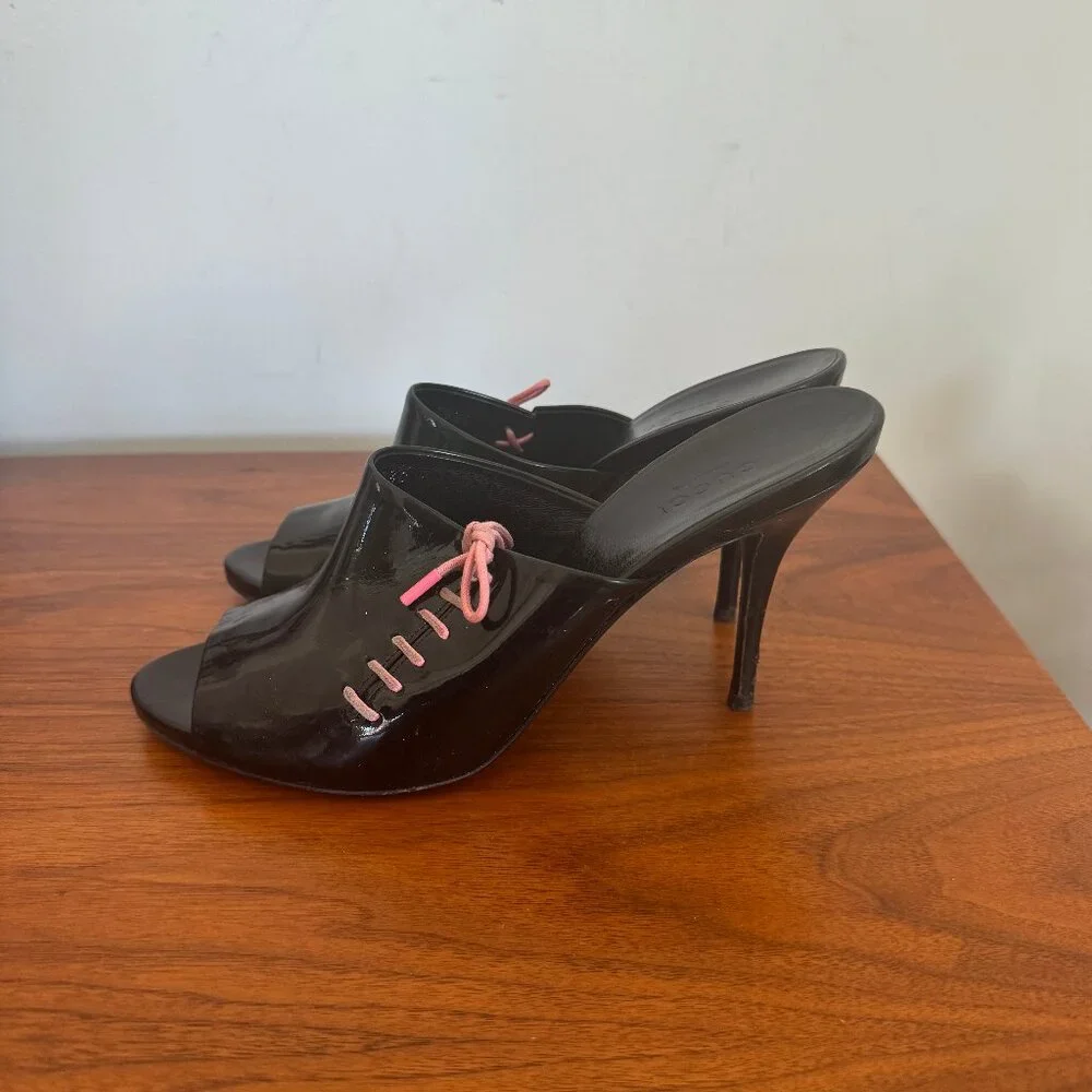 Gucci Heels Black Patent Leather Pink Lace Up Pink Y2K Open Toe Mules 38.5 - Picture 4 of 8